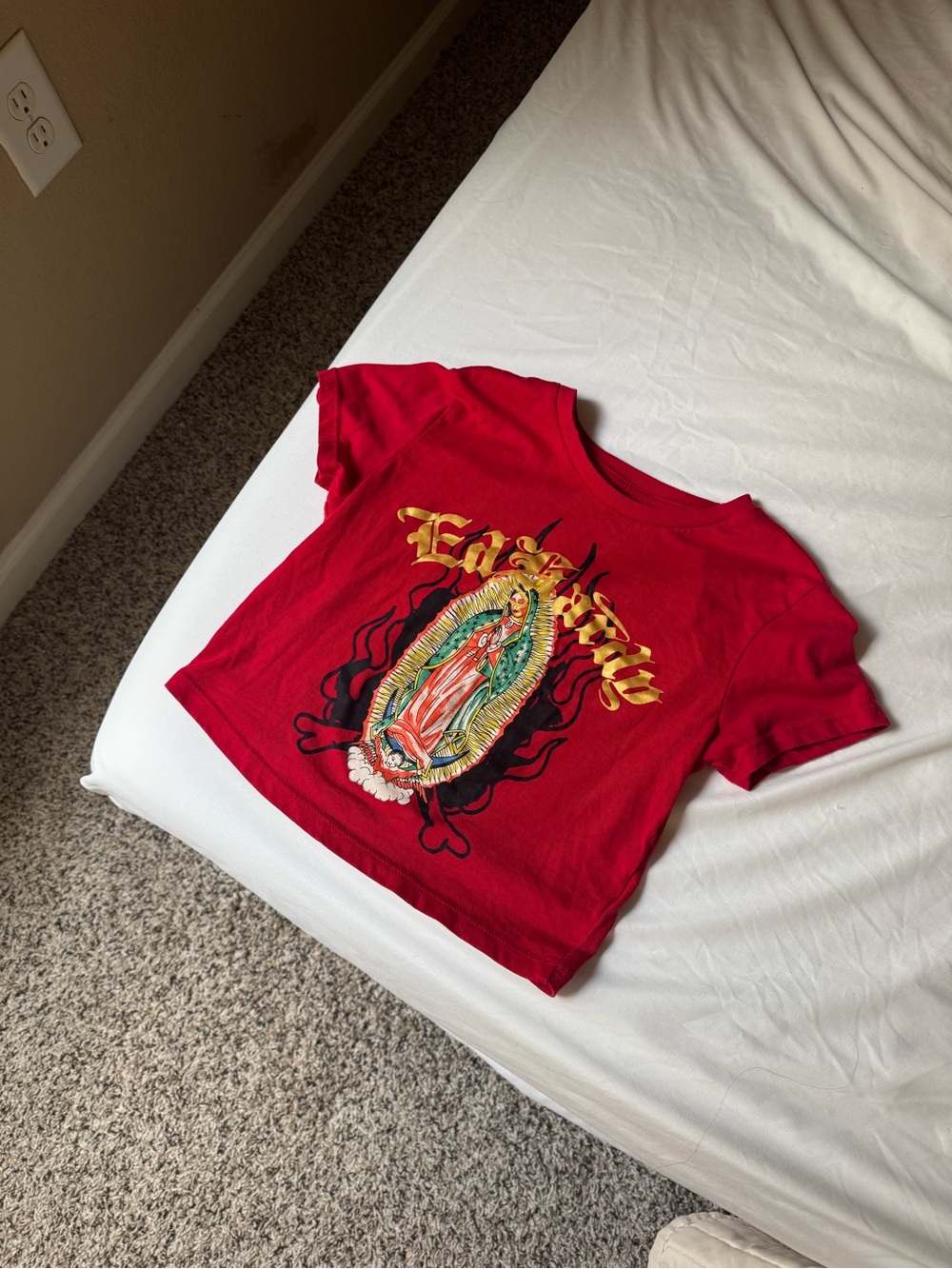 Ed Hardy Red Graphic Crop Top with Guadalupe Artwork